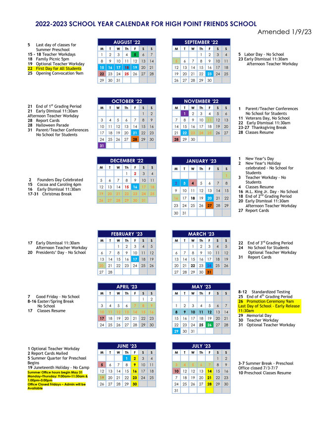 Academic Calendar | High Point Friends School | High Point, NC