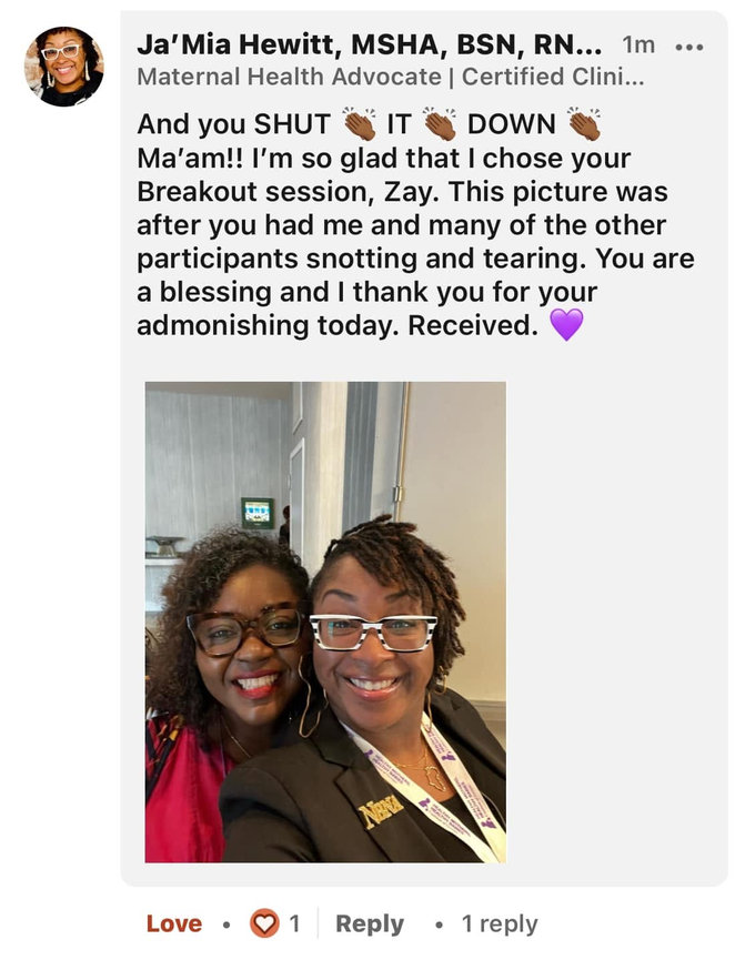 Social media post celebrating a new milestone with a photo of two smiling women.